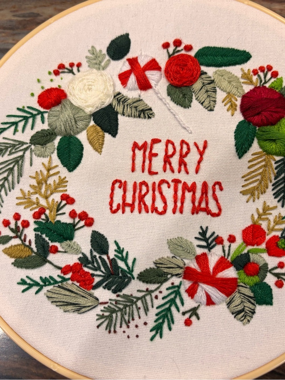 Hand-Embroidered 8” Merry Christmas Wreath Hoop - Red & Green Holiday Decor